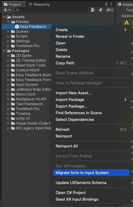 Migrate form to Input System in the prefab context menu